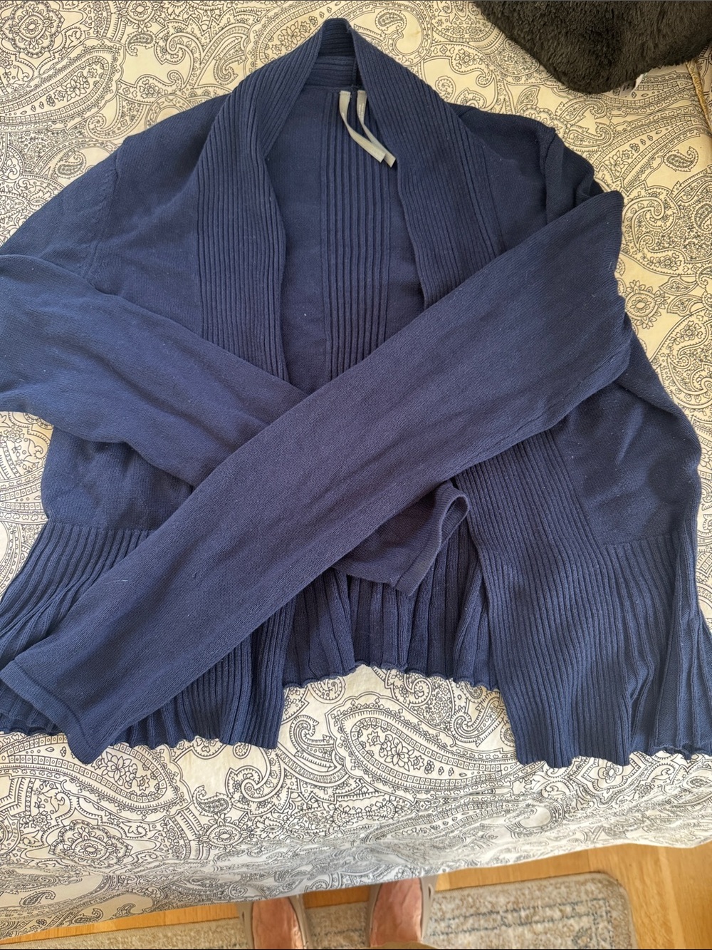 Anthropologie Navy Open-Front Ribbed Cardigan Cute Pleated Ruffle